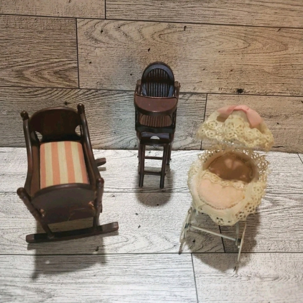 Vtg 50's Dollhouse Baby Cradle Highchair Stroller